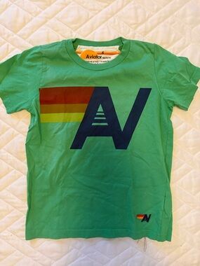 Aviator Nation Green Short-Sleeve Tee with Navy Logo and Rainbow Stripes